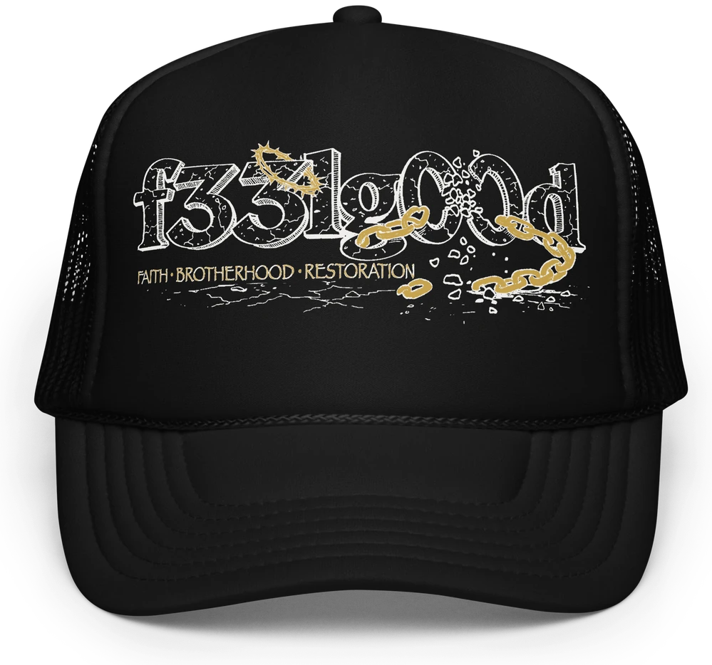 The Brotherhood Hat, a black foam trucker with the full F33LG00D logo in cream and gold across the front