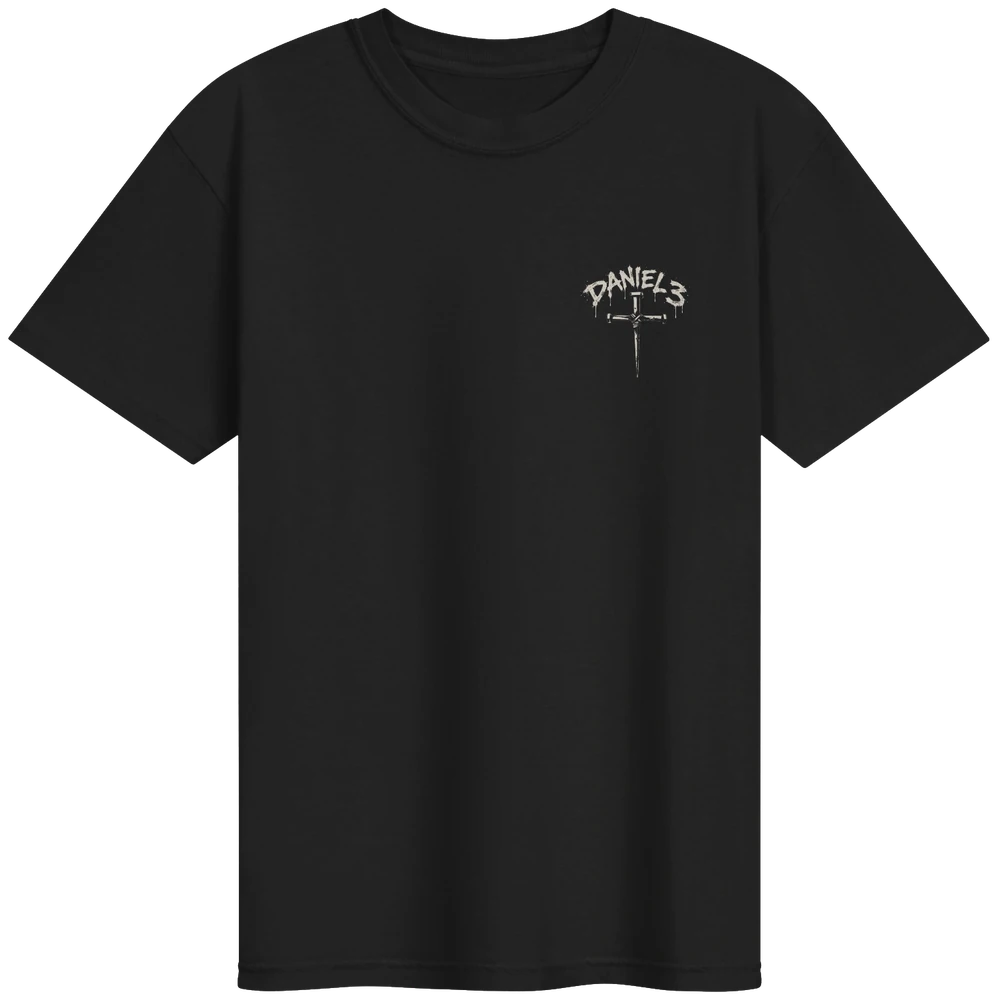 The Fourth Man tee front, DANIEL 3 over the nail cross on the left chest, cream print on black