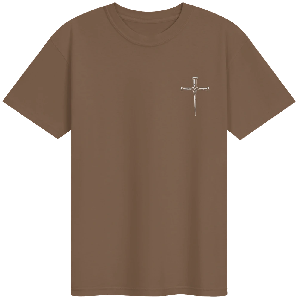 The Peace of God tee front, nail cross on the left chest, espresso shirt